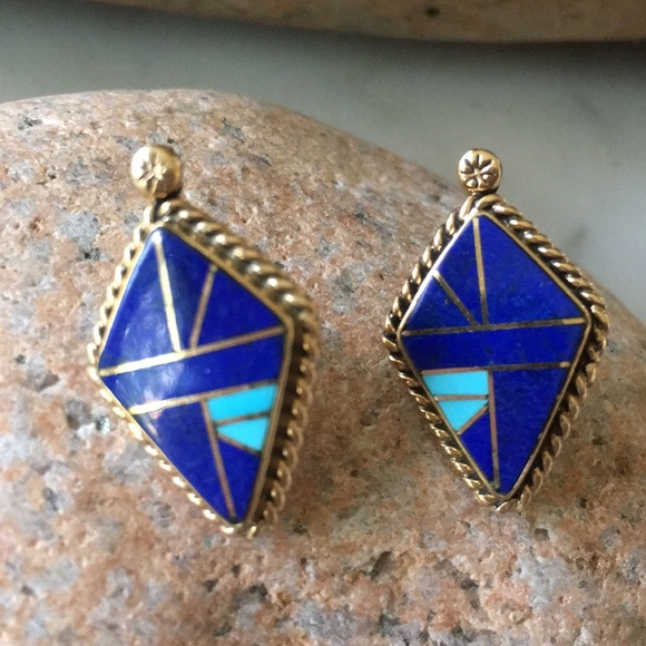 Vintage 14K Gold Lapis Turquoise Native American Earrings - Picture 11 of 16